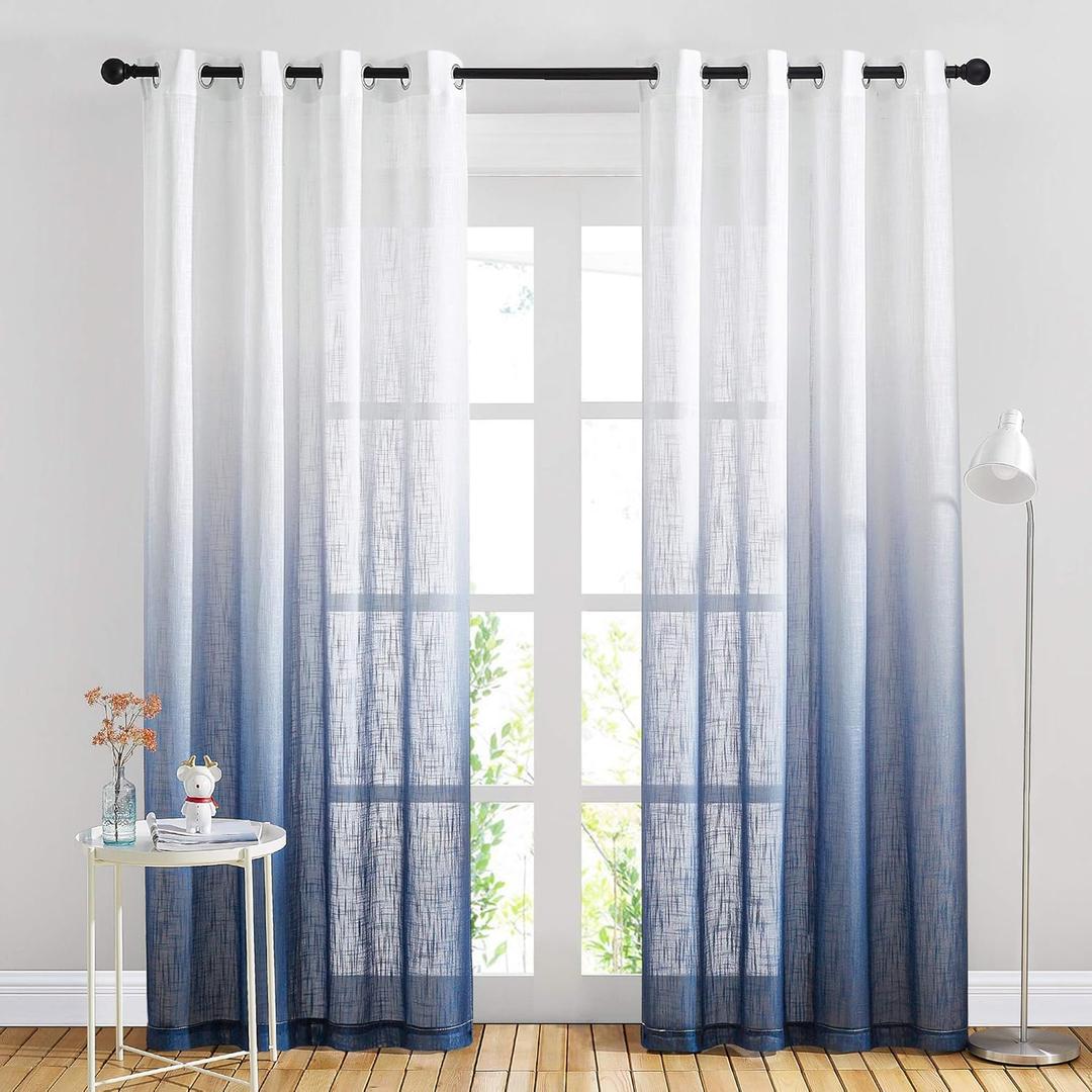 NICETOWN Linen Sheer Ombre Curtains for Living Room Bedroom, Grommet Gradient Semi Sheer Vertical Window Treatments Privacy with Light for Children Room, Navy Blue, W50 x L84, Set of 2