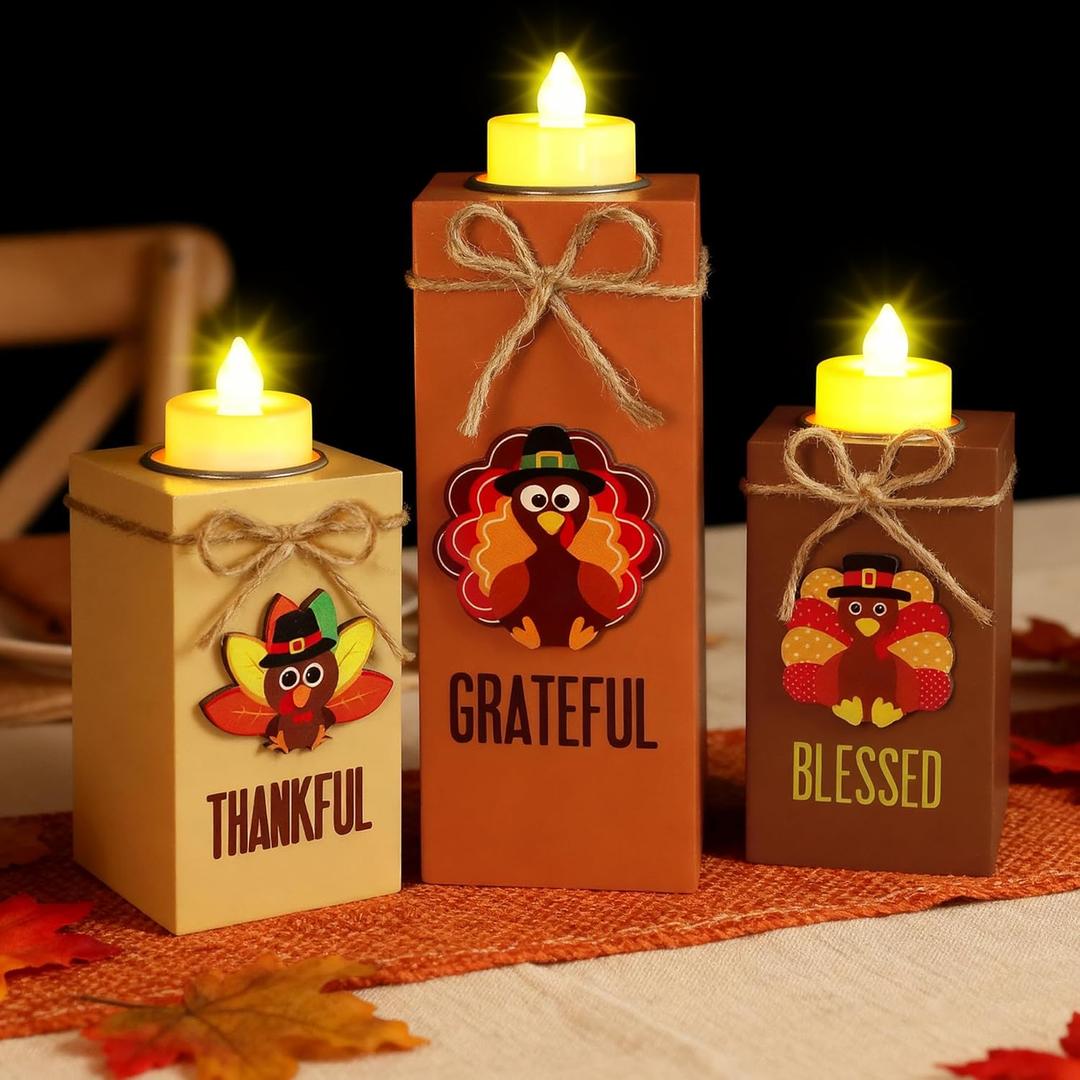 Thanksgiving Candle Holders Decorations, 3 PCS Wooden Tea Light Holders with LED Tea Lights & 3D Carving Craft, Rustic Candle Centerpieces for Home, Table, Office, Tiered Tray Fall Table Decor