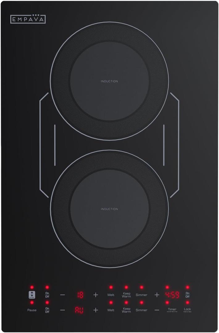 Empava Double/Dual Induction Cooktop 2 Burner, Shatter-proof Flat Glass Top, Bridge-SYNC, 3 Preset Modes, Bulit-in/Countertop, 110~120 Volt Plug in Electric Stove for Kitchen, RV, Outdoor Camping (12 Inch)