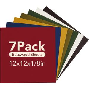 ROBOTIME 7-Pack Double-Sided Colored 1/8" Plywood Sheets - 12 x 12 x 1/8 Inch - Roller-Coated Solid Color 3mm Craft Wood Sheets for Laser Cutting - Assorted Colors - WB122