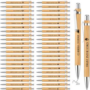 Roowest 50 Pcs Bible Verse Bamboo Ballpoint Pens Bulk Christian Retractable Wooden Bamboo Pens Inspirational Scripture Gifts Bulk for Teacher Sunday School Supplies Religious Church Gift for Men Women