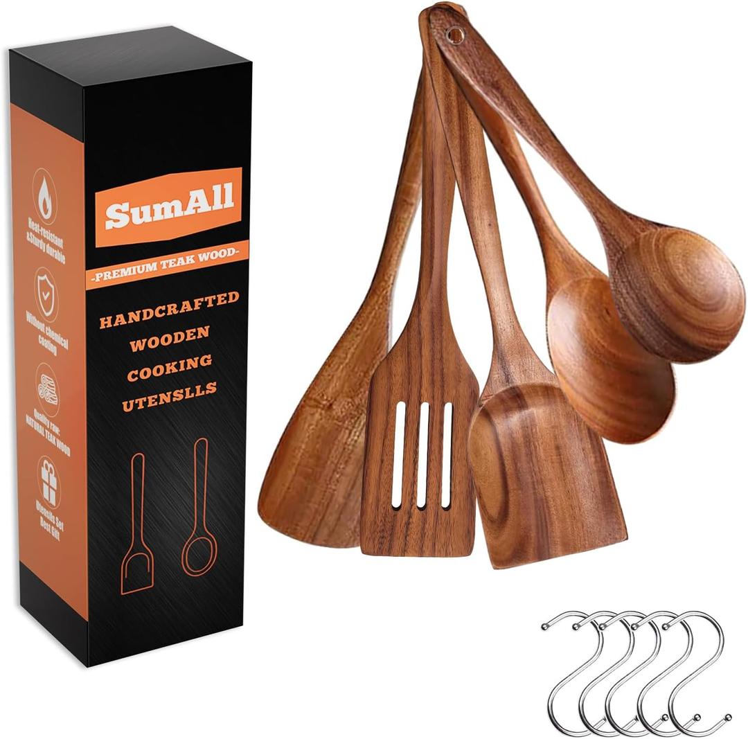 5 PCs Teak Wooden Utensil Set with Hooks, Wooden Spoons for Cooking, Wood Cooking Utensils Set, Comfort Grip, Non Stick Cookware, Easy to Clean, Kitchen Stuff, Wood Spatula