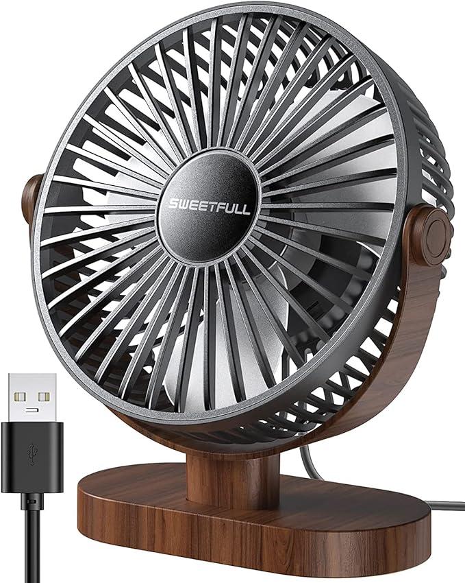 SWEETFULL 6.5 Inch USB Small Desk Fan, 3 Speeds Quiet Portable Desktop Table Fan, 360° Adjustment Personal Mini Fan for Home Office Car Outdoor Travel (Black wood grain)