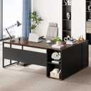 Tribesigns 71 inch Executive Desk, L Shaped Desk with Cabinet Storage, Executive Office Desk with Shelves, Business Furniture Workstation for Home Office, Brown and Black