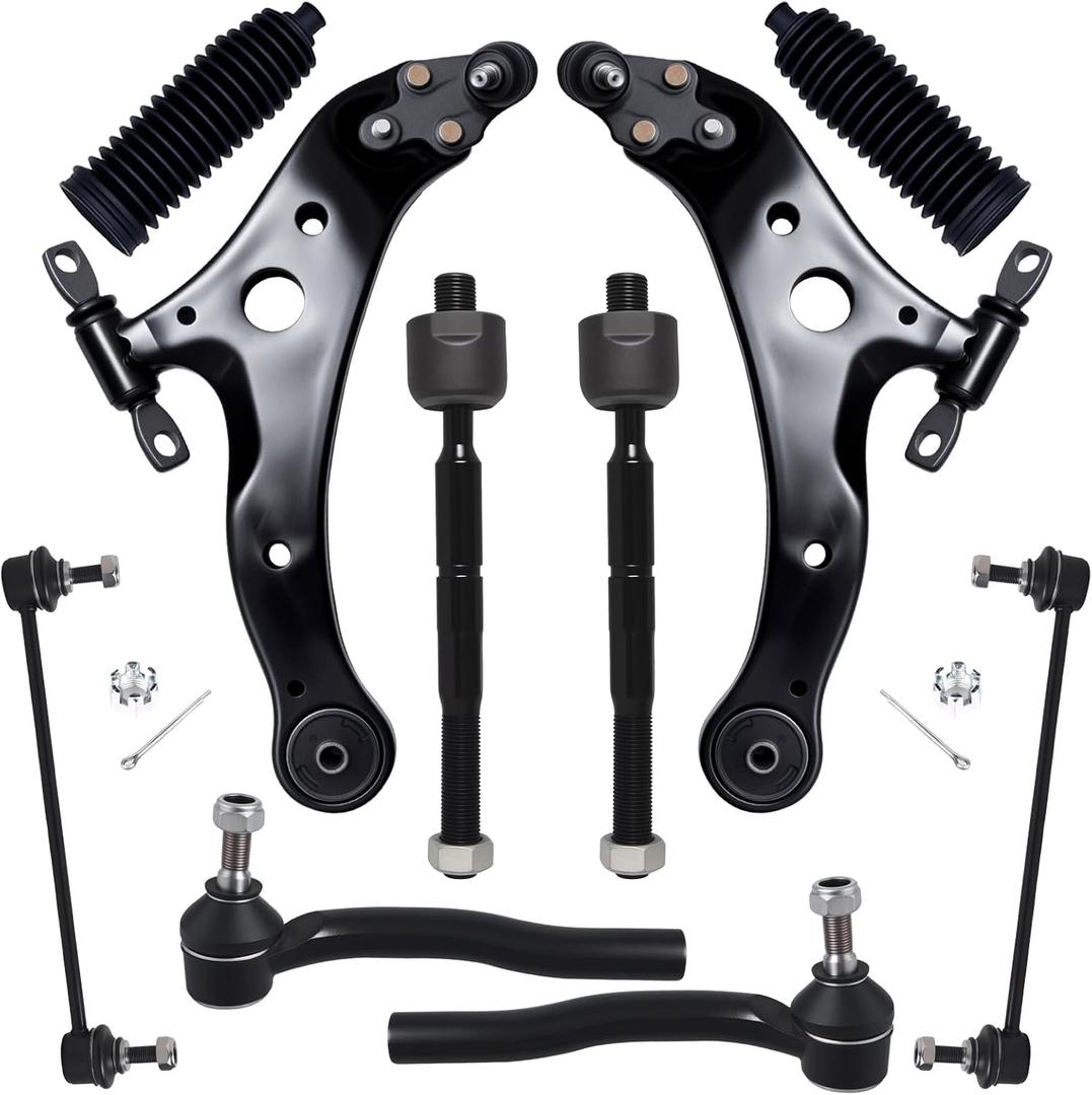 AUQDD 10Pcs Front End Kit Fit For 2012-2017 To-yota Camry, 2013-2018 Avalon, 2 Lower Control Arm w/Ball Joint 2 Sway Bar Link 4 Outer Inner Tie Rod End (# K621476 K621477 K750123 EV801497 ES800930)