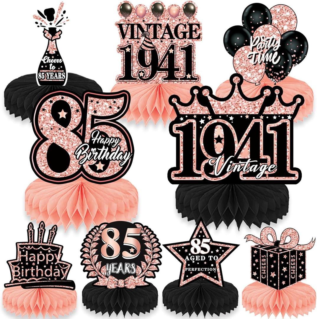 2 x 85th Birthday Party Decorations - 9PCS Happy 85th Birthday Table Decorations Women Vintage 85th Honeycomb Centerpiece Decor Rose Gold Cheers to Eightyfive Years Party Decorations Women