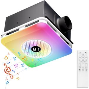 BSEED Bathroom Exhaust Fan with Bluetooth Speaker & LED Light, 230 CFM 1.5 Sone, 7-Color RGB & 3CCT Adjustable Light, Music Sync, Digital Display, Remote Control, Easy Install (White), 11.6*11.6inch