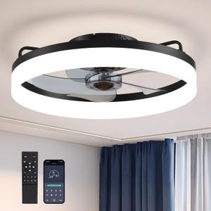 Ceiling Fans with Lights, Flush Mount Ceiling Fan with Lights and Remote, 6 Wind Speeds Low Profile Ceiling Fan for Bedroom, Kids Room and Living Room 20" (Black) (Black-Basic-LL-6001BL-01)
