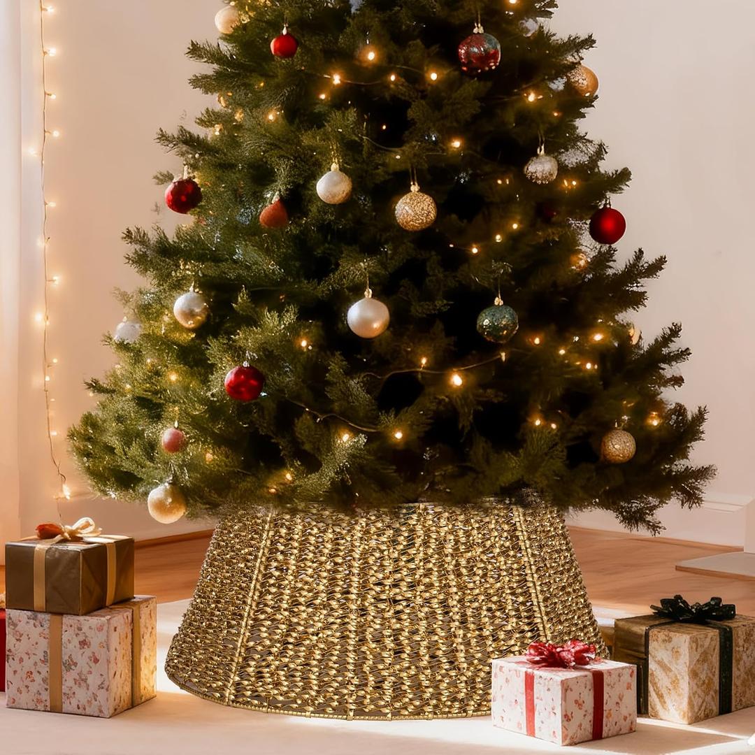 24 Inch Gold PE Rattan Christmas Tree Collar, Handwoven Plastic Wicker Tree Base Cover with Cable Slot and Metal Frame, Waterproof Tree Stand Cover for Small Mini Pencil Xmas Trees, Indoor Outdoor Use
