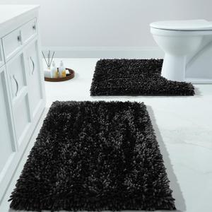 Yimobra Bathroom Rugs Sets 2 Piece, Luxury Shaggy Extra Thick Bathroom Rugs, Plush Non-Slip Mats for Bath Room Floor, U-Shaped Toilet Mat, Ultra Absorbent, 31.5 x 19.8 + 24.4 x 20.4 Inches, Black