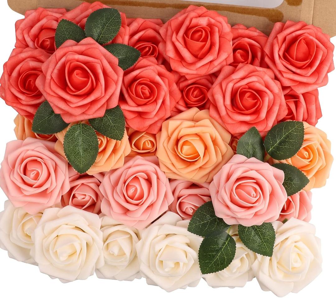 MACTING 30PCS Artificial Rose Flowers Real Touch Fake Flowers with Stem Foam Roses for DIY Wedding Bouquet Table Centerpieces Party Baby Shower Home Party Summer Mothers Day Decor,Mix Coral Series