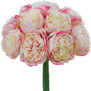 10PCS Champagne Realistic Silk Peonies Bouquet, Waterproof & UV Resistant Faux Peony Flowers, All-Weather Artificial Stems for Outdoor, Grave, Wedding Centerpiece & Home Decor