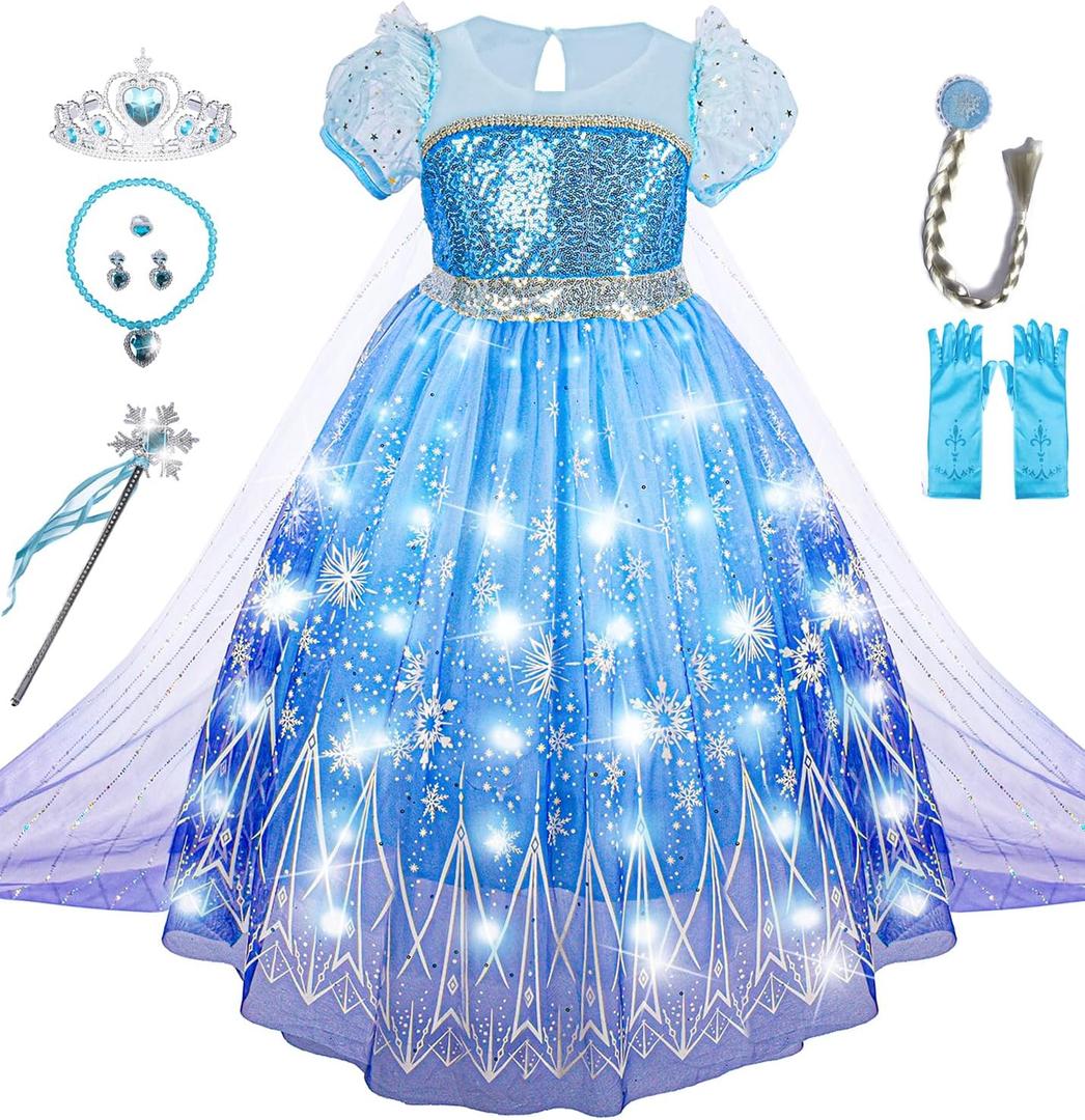 Light Up Girls Halloween Costume Snow Princess Dress Ice Christmas Costumes Toddler Kids Costume with Accessories (5-6yrs, Blue)