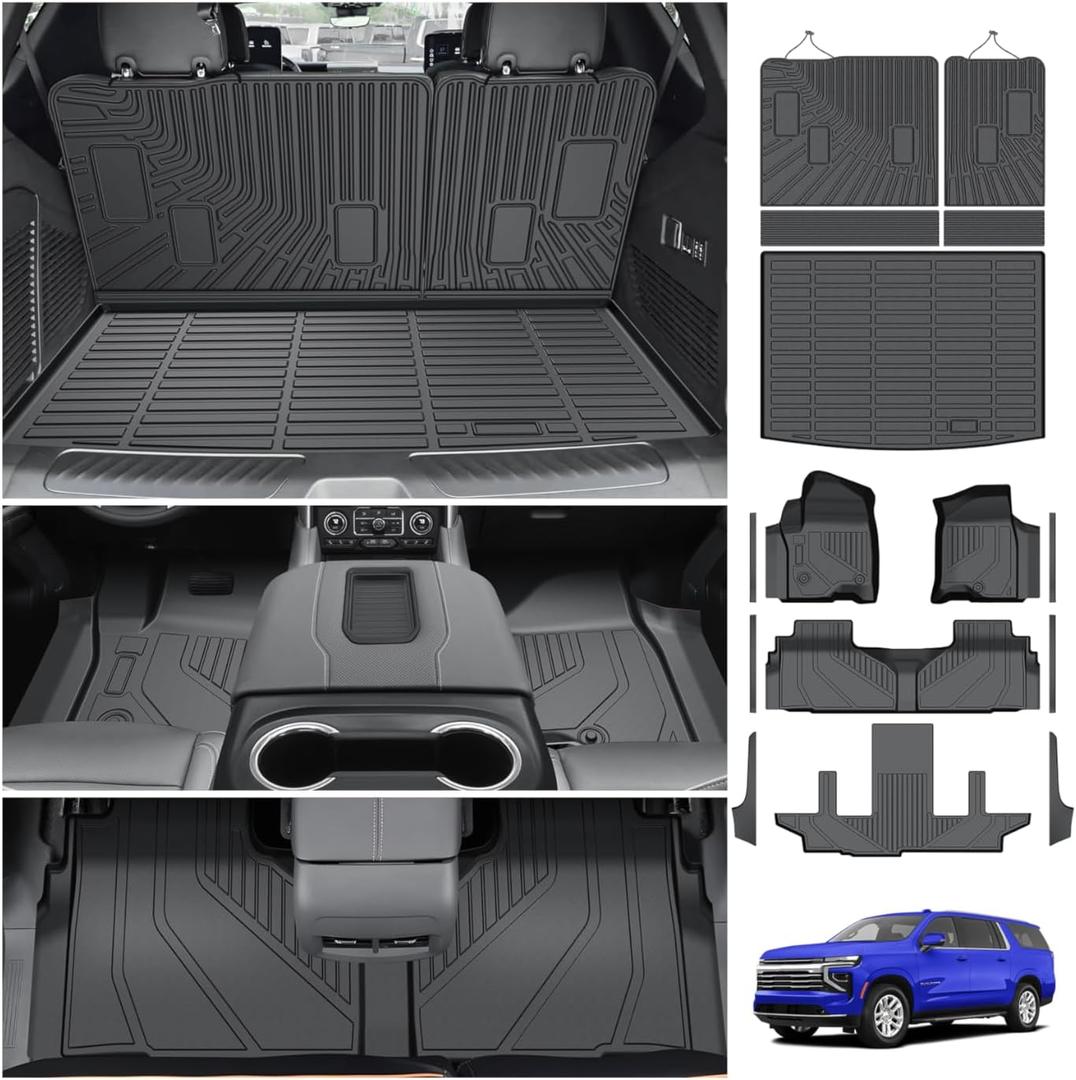 Powerty Floor Mats for 2021-2025 2026 Chevy Chevrolet Suburban/GMC Yukon XL 7 Seats Accessories, All Weather TPE Cargo Liner Seat Back Covers with Door Sill Guards Protectors,Full Coverage Set