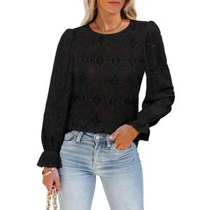 LUXVEER Women's Long Sleeve Eyelet Shirts Lace Embroidered Blouses Dressy Casual 2026 Fall Fashion Tops (S)