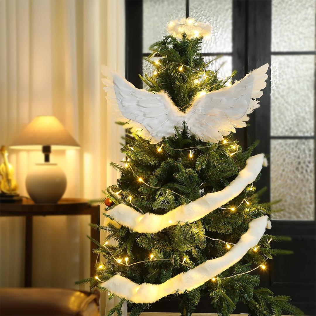 3 Pcs Large Angel Feather Wing Christmas Tree Decors White Angel Christmas Wing Ornaments with Aureole Headband and Faux Fur Ribbon Xmas Tree Topper Crafts for Home Wedding DIY