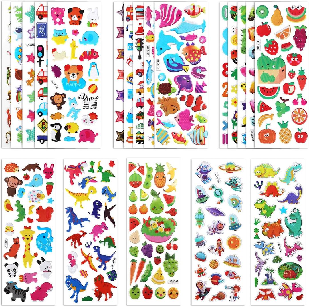 20 Sheets of 3D Puffy Stickers for Kids, Multiple Designs Self-Adhesive Stickers Includes Animals Numbers Letters Fruits for Journal Water Bottles DIY Crafts (Boy Style)