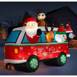 VIVOHOME 8FT Christmas Inflatable Outdoor Decoration, Santa on Bus, Navidad Blow Up Yard Decor with Built-in LED Light for Lawn, Garden, Party