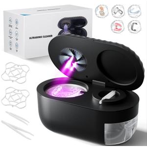 Ultrasonic Retainer Cleaner with Cleaning, Pumping, and Air-Drying Functions, 45kHz Retainer Cleaner Machine, 200ml Denture Cleaner for Dentures, Mouth Guards, Braces, Toothbrush Heads, Jewelry (Deep Black)