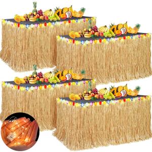 Aneco 4 Pieces 9 Ft x 30 Inches Luau Grass Table Skirts with LED String Light Hawaiian Table Skirt Lighted Grass Skirt Table Fringe for Tropical, Hawaiian Themed, Birthday Party (Natural)