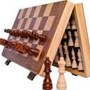 15 Inch Magnetic Wooden Chess Set for Adults & Kids - Folding Travel Chess Board with Handcrafted Staunton Pieces, Extra Queens, and Storage Slots