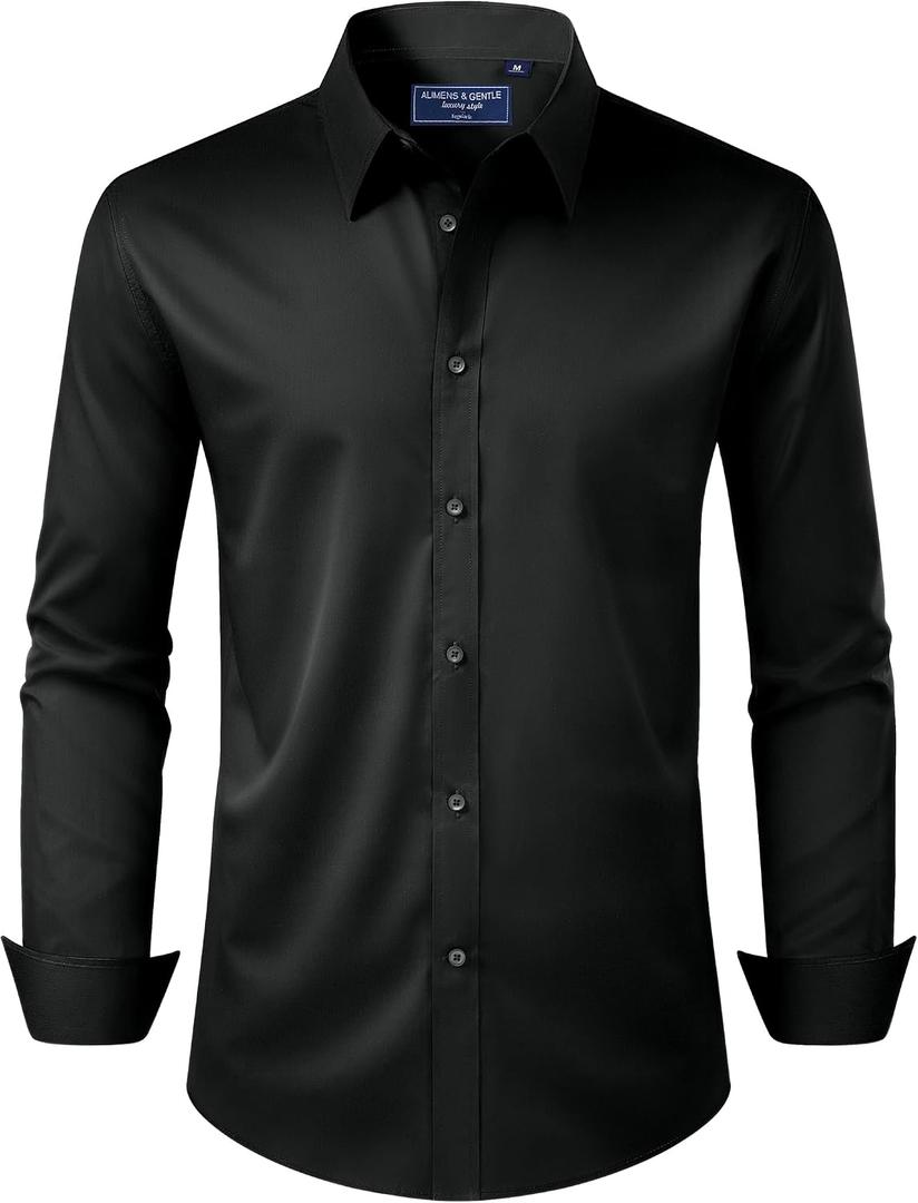 Alimens & Gentle Men's Dress Shirt Regular Fit Stretch Stain Shield Long Sleeve Solid Business Wedding Button Down Shirts (Black, S)