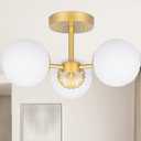 3 Lights Gold Chandelier Mid Century Modern Light Fixture, Gold Semi Flush Mount Ceiling Light with Frosted Globe Glass for Living Room, Bedroom, Nursery Room & Office Ceiling Light (Bulbs Included)