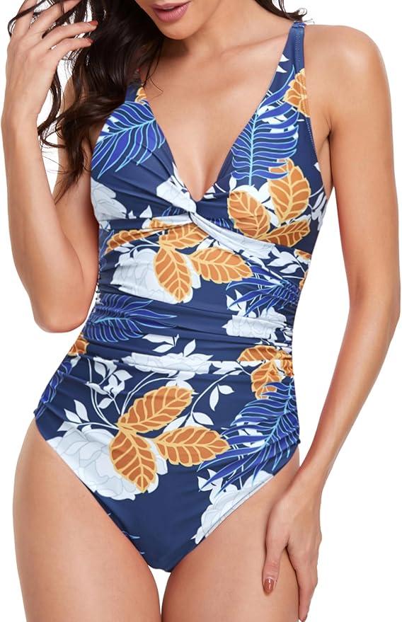 Smismivo Women's Tummy Control Swimsuit One Piece Slimming Ruched Push Up Bathing Suit Vintage Padded Retro V Neck Swimwear, M