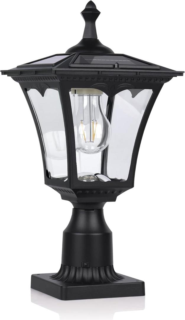 KP4301Q Outdoor Solar Post Lights with Glass lampshade, Heavy Duty Die-Casting Aluminum LED Solar Pillar Light for Gate Column, Driveway, Pathway,Garden, Patio, Matte Black