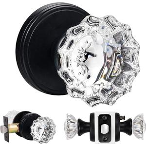 Glass Door Knobs Interior, Vintage Privacy Clear Crystal Door Knobs with Lock for Bedroom Bathroom Matte Black