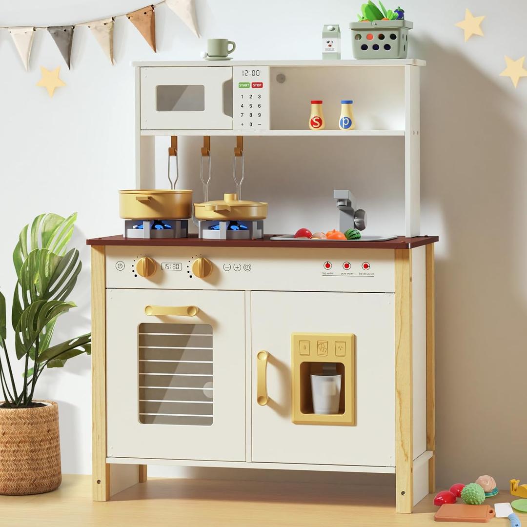Babytronic Kids Play Kitchen, Wooden Kitchen Playset for Kids Ages 3+ with Real Lights, Sounds, Stove, Sink, Oven, and 30 Pcs Accessories, Toys Kitchen Small Pretend Play Kitchen for Toddlers (White)