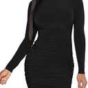 Mokoru Women's Sexy Basic Elegant Long Sleeve Ruched Bodycon Club Party Mini Dress (Medium, Black)