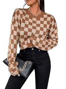 SOLY HUX Women's Checkered Sweater Long Sleeve Ribbed Knit Drop Shoulder Pullover Crop Tops, Medium