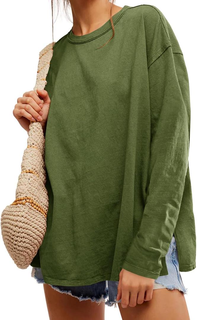 Womens Oversized Long Sleeve Shirts Crew Neck Casual Tops Loose Fit Side Slit Fall Tees Army Green (M)