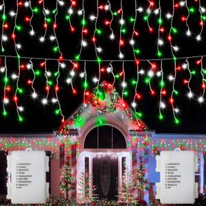 2 Pack Red White Green Christmas Icicle Lights Battery Operated, Total 204 LED Twinkle Icicle Lights 20Ft Clear Wire with 8 Lighting Modes Timer Function for Outdoor Indoor House Party Decoration