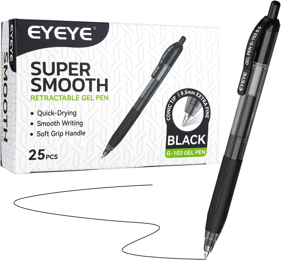EYEYE G-103 Retractable Gel Pens Black 0.5mm, 25 Pack Extra Fine Point Gel Ink Pens Quick Drying, 0.5 mm Fine Piont Ballpoint Pen Smooth Writing for Office School Supplies