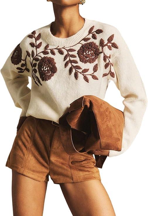 Verdusa Women's Vintage Floral Sweater Cozy Oversized Sweaters Embroidery Boho Chic Knit Pullover Tops S