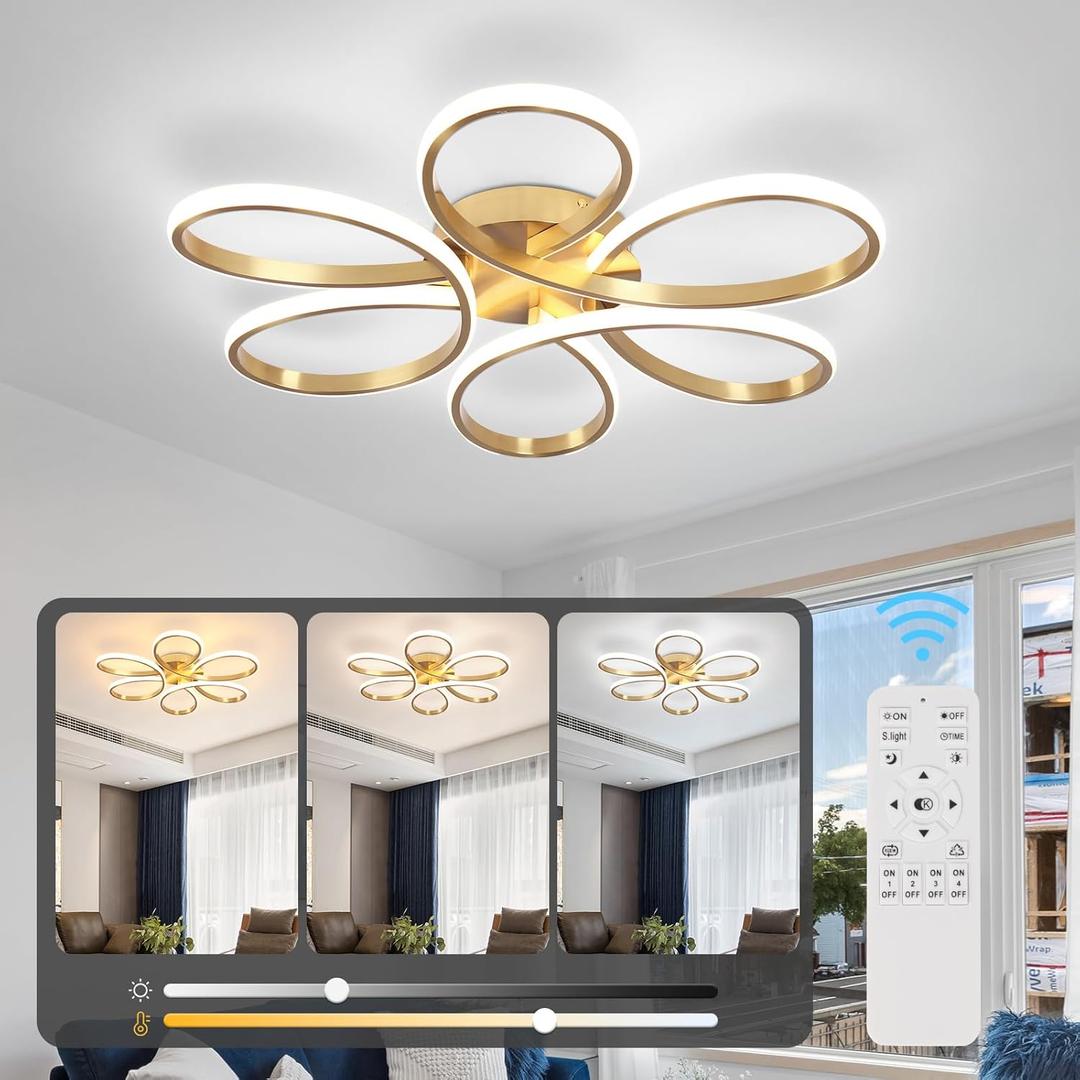 26inch Modern LED Ceiling Light, 6 Rings Flower Flush Mount Light Fixture with Remote Control Gold Dimmable Ceiling Lamp for Bedroom, Dining Room, Hallway, Kitchen