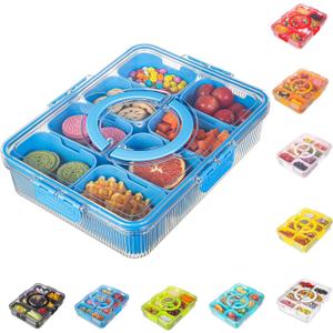Patent Design Ribbed Snackle Box Container Divided Serving Tray with Lid and Handle -Charcuterie Container Portable Storage Organizer for Candy, Fruit, Beach, Picnics1 pcs, Cerulean