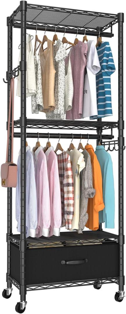VyGrow Clothes Rack, Clothing Rack for Hanging Clothes, 4 Tiers Adjustable Closet Organizer System with Drawer | Double Rods | Side Hooks | Load 445lbs | 23" L x 13.18" W x 78.74" H | Black