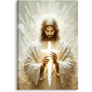 2D No Texture Jesus Canvas Wall Art with Holding Cross, Cross Paint Stripe Painting Poster, Christian Wall Decor, Jesus Picture for Wall Living Room Church Bedroom Home Decoration 24*36 in (Stretched Canvas on A Wooden Frame)
