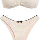 ZAFUL Women's Strapless Bikini Openwork Textured Bow Ruched Lace Up High Cut Bandeau Swimsuit Bathing Suits (0-a-beige, Small)
