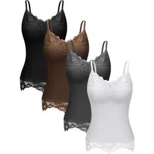 Fourluoo 4 Pcs Women's Long Lace Tank Tops lace Camisole Patchwork Tops for Women(S, Black, White, Gray, Brown)