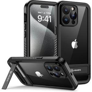 Lanhiem for iPhone 15 Pro Max Case with Kickstand, IP68 Waterproof Dustproof Built-in Screen Protector, Full Body Shockproof Protective Front and Back Cover for iPhone 15 Pro Max, 6.7 Inch (Black)