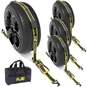 KJE Reflective Car Tie Down Straps for Trailers 4 Pack- Premium Tire Ratchet Strap with (3) J Hooks (3) Rubber Blocks - 2" x 10' 10,000LBS Break Strength - Wheel Straps for Hauling UTV, SUV, Any Cars