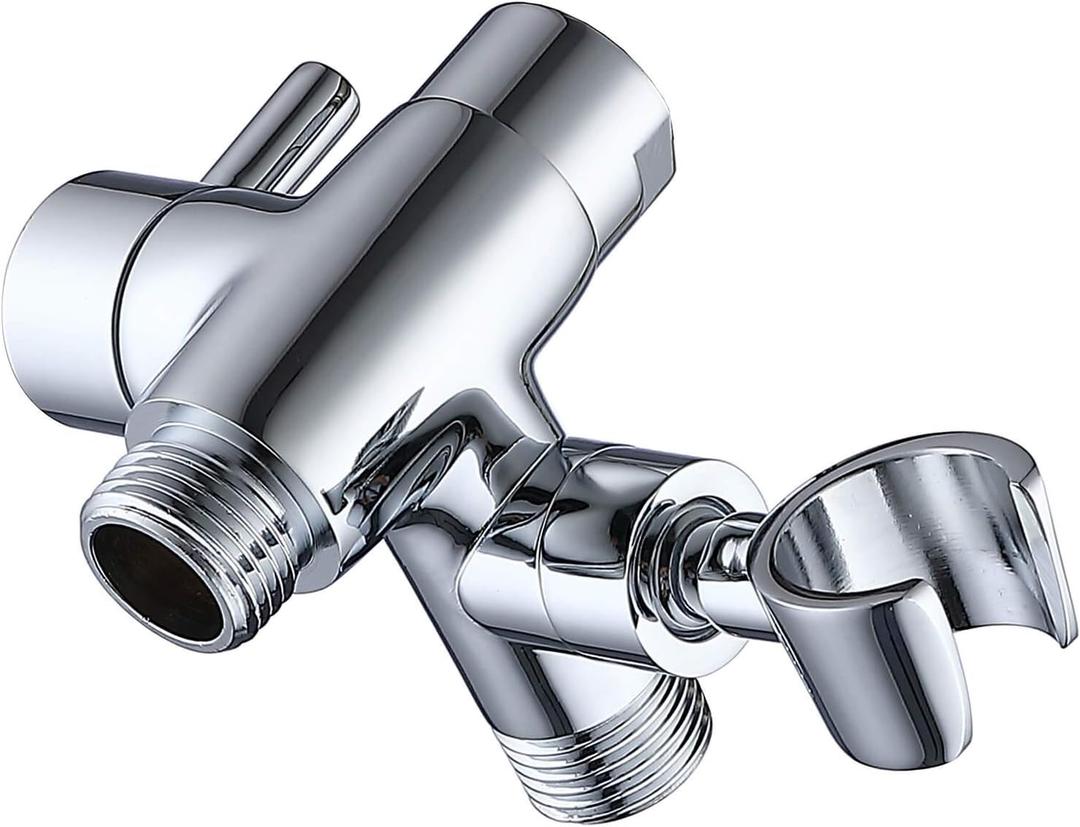 G-Promise Solid Metal Shower Arm Diverter with Holder for Hand Held Showerhead and Fixed Spray Head, G 1/2 3-Way Bathroom Universal Diverter System Replacement Part (Polished Chrome)