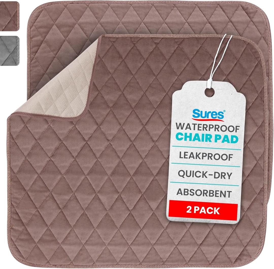 Sures Waterproof Chair Pads for Incontinence (22" x 21") - Washable, Waterproof Seat Protector - Chair Protector Seat Cover - Absorbent Pad for Bed, Seat, Car, Wheelchair & Recliner (Brown, 2 Pack)