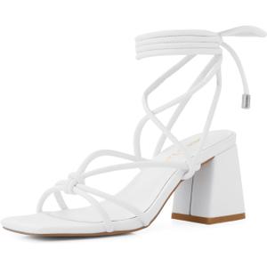 Shoe'N Tale Lace Up Heels for Women Ankle Strappy Gladiator High Heeled Sandals Chunky Block Heel Square Open Toe Criss Cross Dress Shoes (8.5, White)