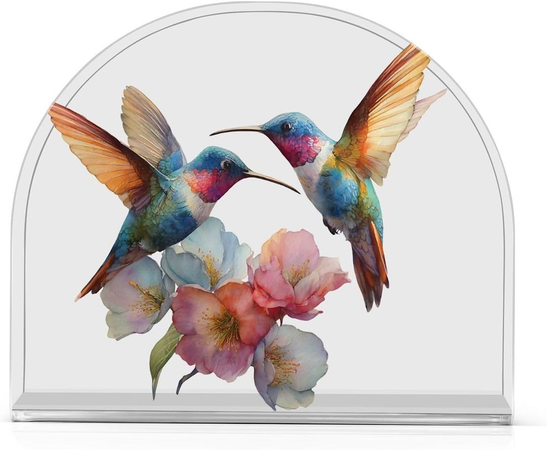 Napkin Holder Highland Watercolor Flowers Hummingbirds Acrylic Tissue Dispenser Non-Slip Holds 50-60 Napkins Freestanding Tissue Dispenser Box, for Kitchen Dining Car Decor