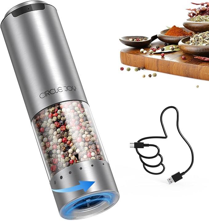 CIRCLE JOY Electric Pepper Grinder Stainless Steel Rechargeable Pepper Mill with Variable Grinding Speed, External Adjustable Coarseness, 95ml Container and White LED Light, Silver